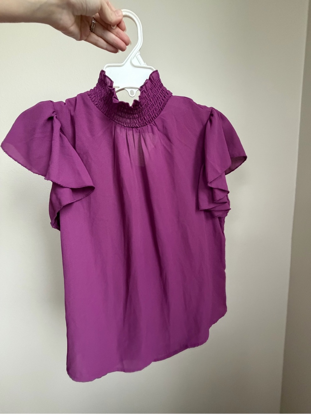 Smocked High Neck Flutter Sleeve Top - Magenta